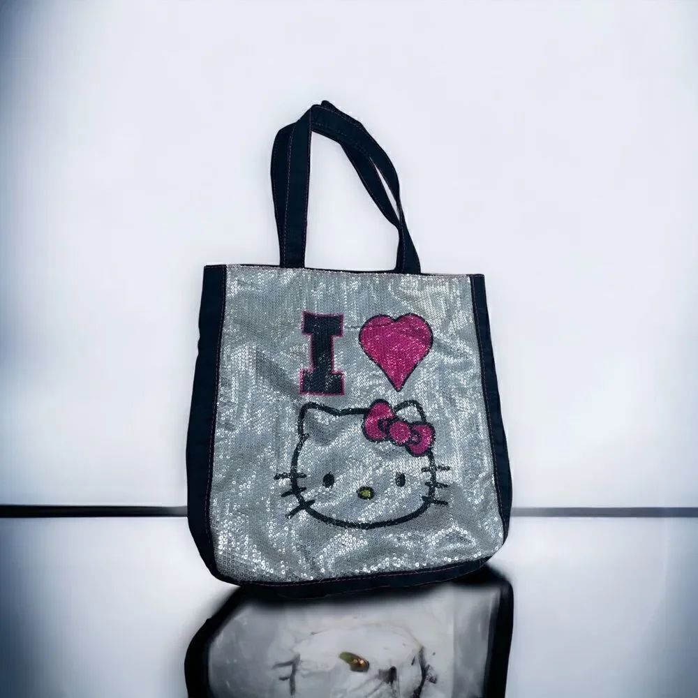 I 💗 Hello Kitty l Silver Sequined Tote l Black & Pink l Double-handle  l EUC